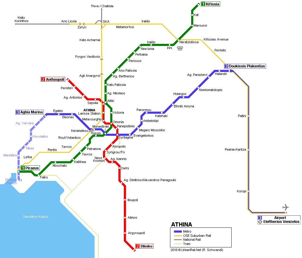 Map of the Metro Lines in Athens, Greece