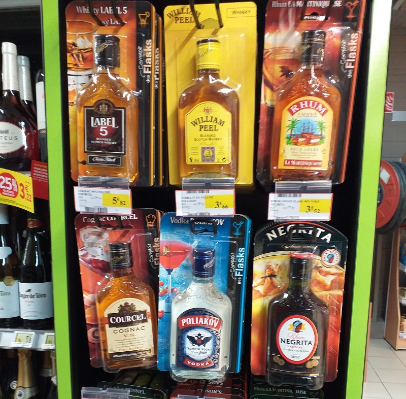 Whiskey and Other Spirits Sold on Cards in a French Supermarket