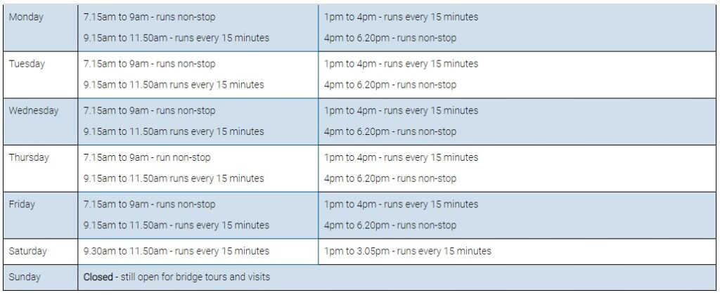 Middlesbrough Transporter Bridge Timetable